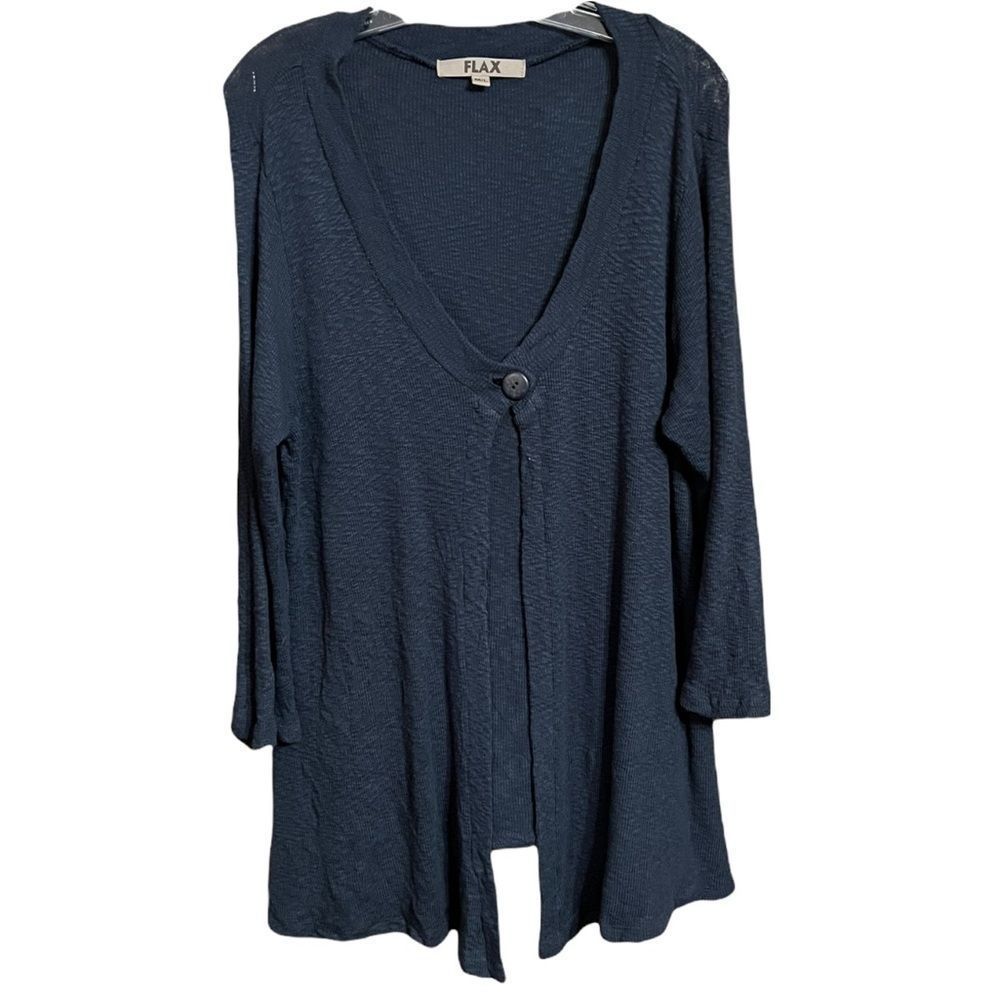 Flax Navy Blue Single Button Cotton Blend Cardigan Sz M-L EUC